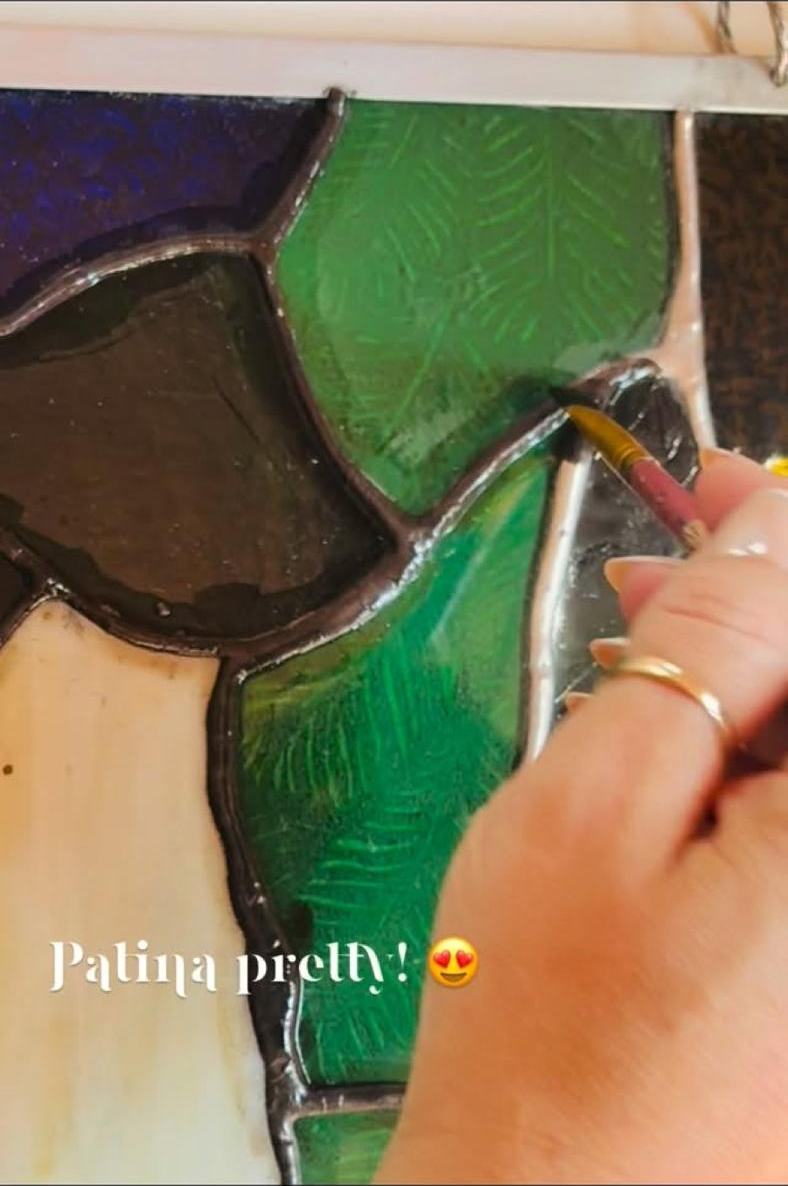 Applying patina to fresh solder lines on green glass